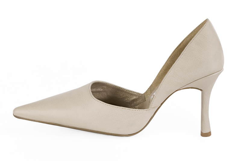 Champagne white women's open arch dress pumps. Pointed toe. Very high slim heel. Profile view - Florence KOOIJMAN